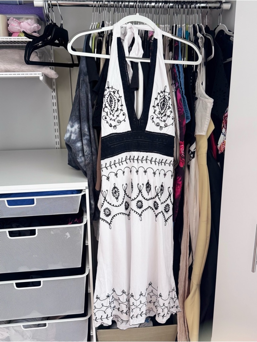 Embroidered Halter Midi White & Black Sundress